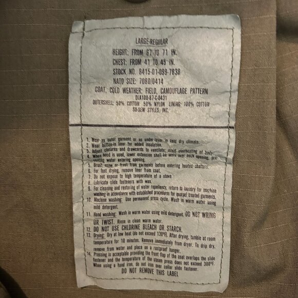 Camo Cold Weather Field Jacket Men’s Size Large Regular - Picture 7 of 8